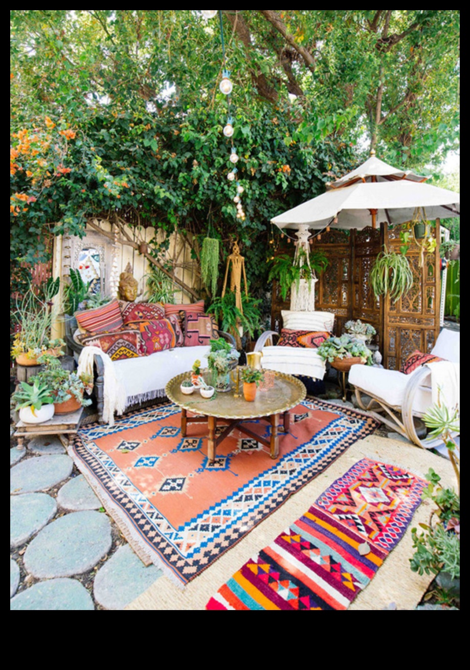 האם אתה יכול להמליץ ​​על דרכים להשתמש בעיצוב פטיו אקלקטי חיצוני עם כריות בוהו תוססות?