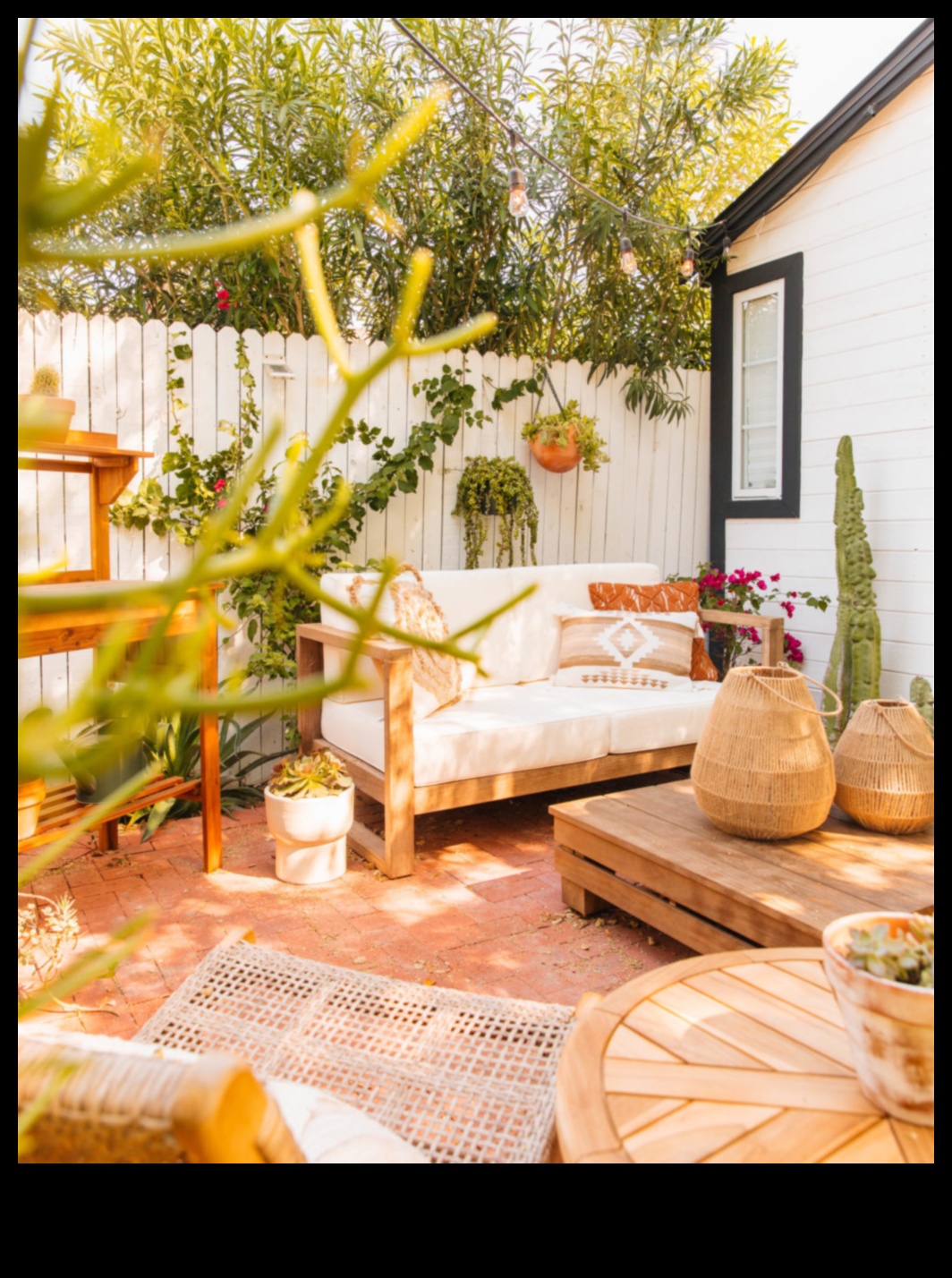 האם אתה יכול להמליץ ​​על דרכים להשתמש בעיצוב פטיו אקלקטי חיצוני עם כריות בוהו תוססות?